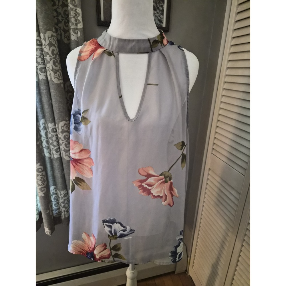 Cleo Women's Floral Keyhole High Neck Sleeveless Blouse Lavender Grey L